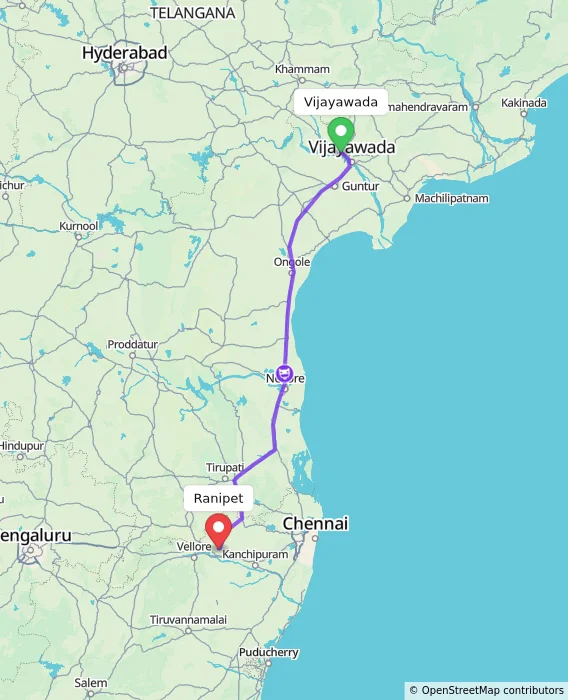 Route map showing distance and travel time from Vijayawada, India to Ranipet, India