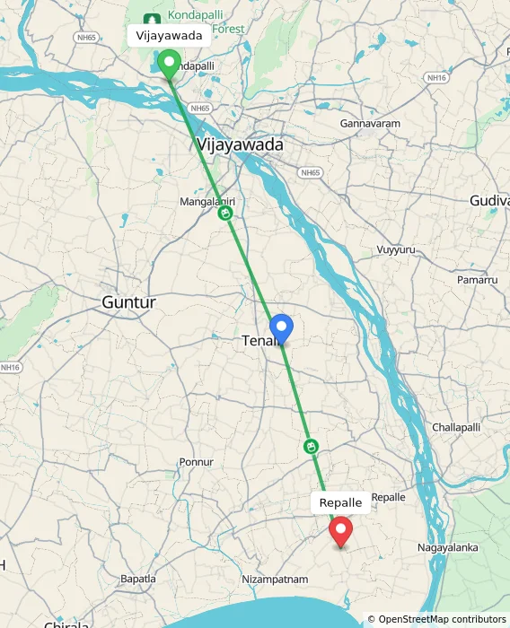 Route map showing distance and travel time from Vijayawada, India to Repalle, India