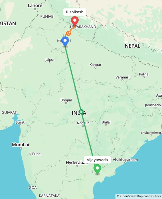 Route map showing distance and travel time from Vijayawada, India to Rishikesh, India