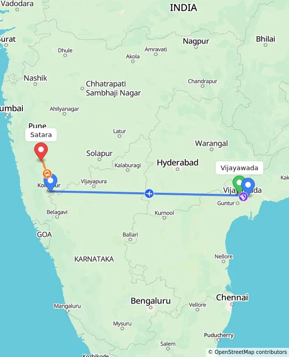 Route map showing distance and travel time from Vijayawada, India to Satara, India