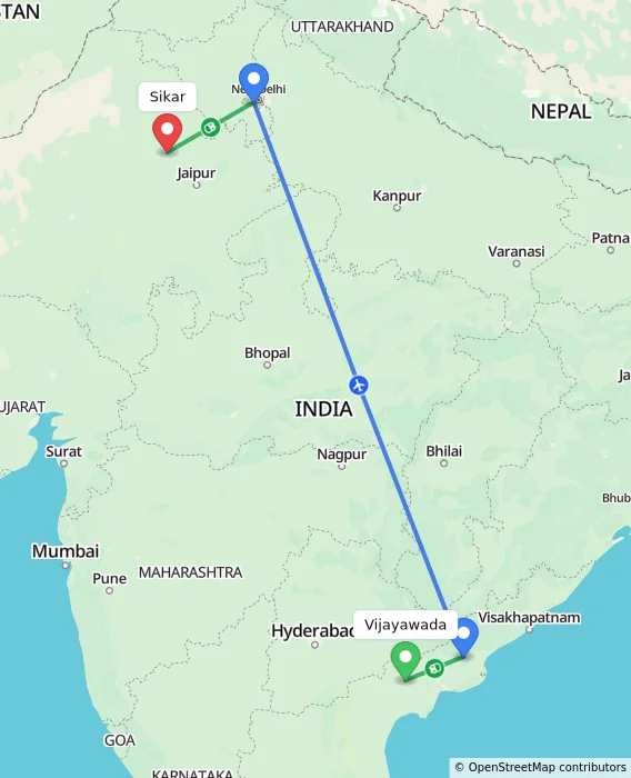 Route map showing distance and travel time from Vijayawada, India to Sikar, India