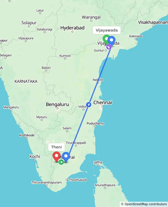 Route map showing distance and travel time from Vijayawada, India to Theni, India