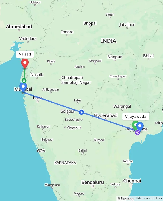 Route map showing distance and travel time from Vijayawada, India to Valsad, India