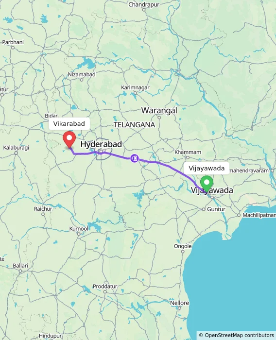 Route map showing distance and travel time from Vijayawada, India to Vikarabad, India