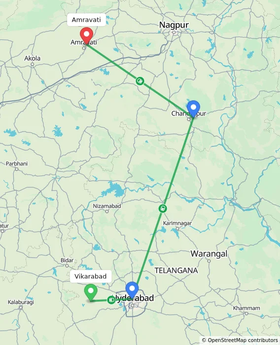 Route map showing distance and travel time from Vikarabad, India to Amravati, India