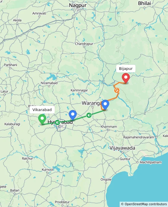 Route map showing distance and travel time from Vikarabad, India to Bijapur, India