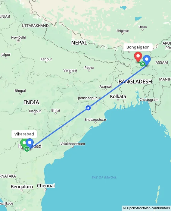Route map showing distance and travel time from Vikarabad, India to Bongaigaon, India
