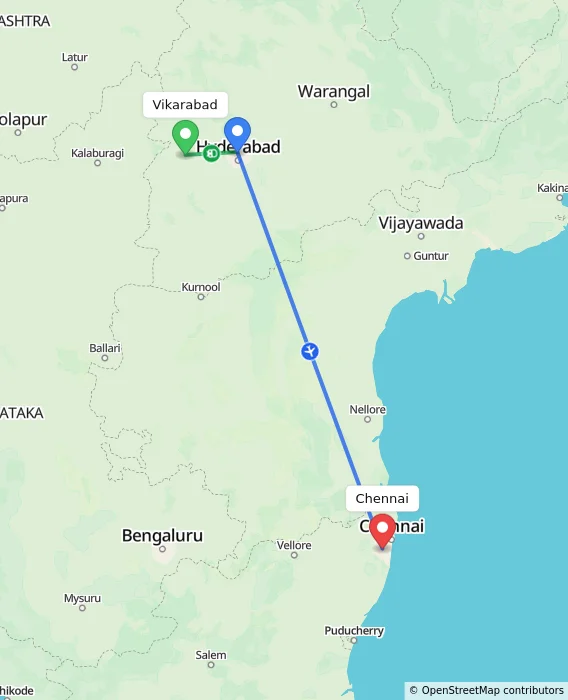 Route map showing distance and travel time from Vikarabad, India to Chennai, India