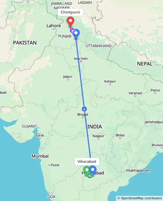 Route map showing distance and travel time from Vikarabad, India to Chintpurni, India