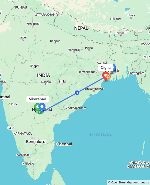 Route map showing distance and travel time from Vikarabad, India to Digha, India