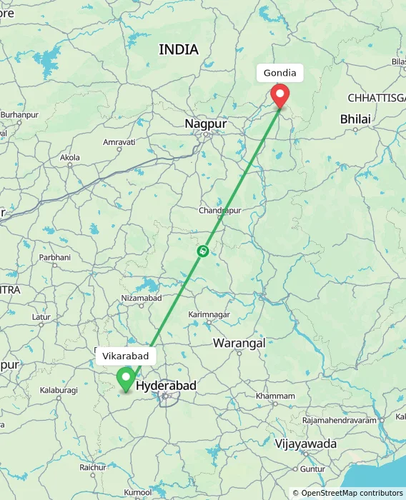 Route map showing distance and travel time from Vikarabad, India to Gondia, India