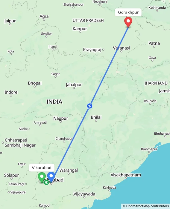 Route map showing distance and travel time from Vikarabad, India to Gorakhpur, India