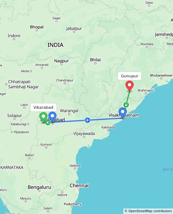 Route map showing distance and travel time from Vikarabad, India to Gunupur, India