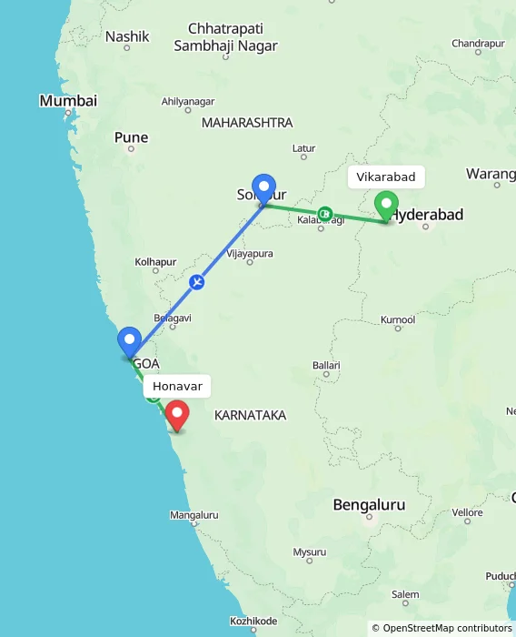 Route map showing distance and travel time from Vikarabad, India to Honavar, India