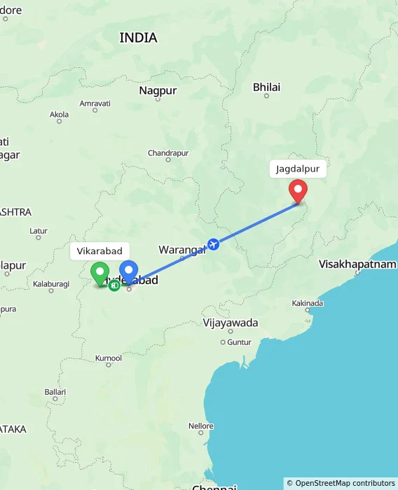 Route map showing distance and travel time from Vikarabad, India to Jagdalpur, India