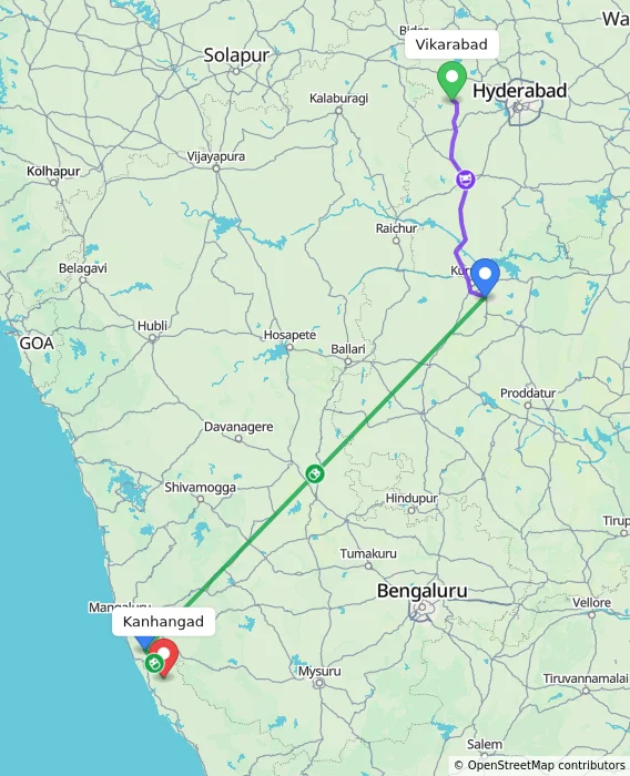 Route map showing distance and travel time from Vikarabad, India to Kanhangad, India