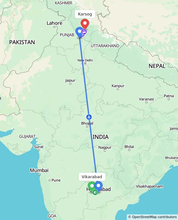 Route map showing distance and travel time from Vikarabad, India to Karsog, India