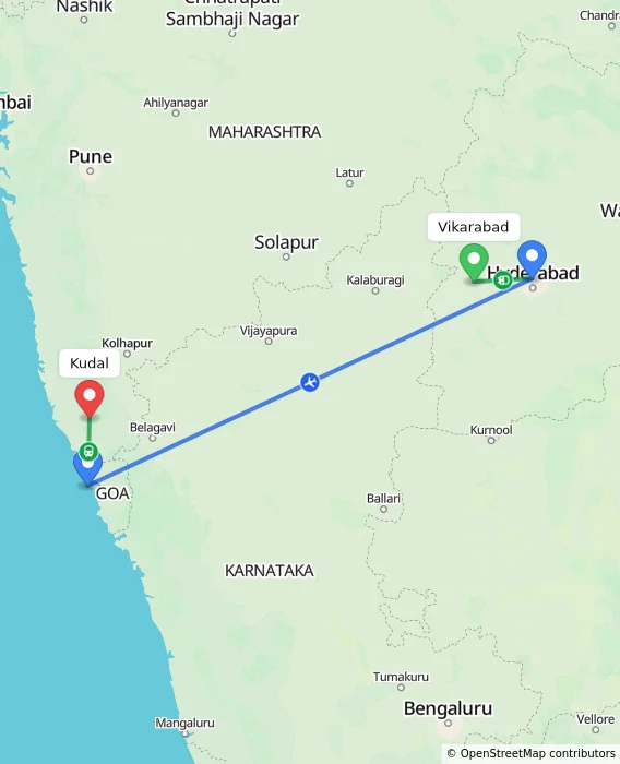 Route map showing distance and travel time from Vikarabad, India to Kudal, India