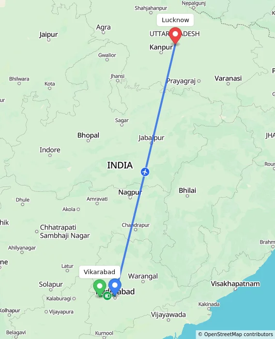 Route map showing distance and travel time from Vikarabad, India to Lucknow, India