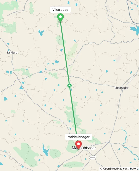 Route map showing distance and travel time from Vikarabad, India to Mahbubnagar, India