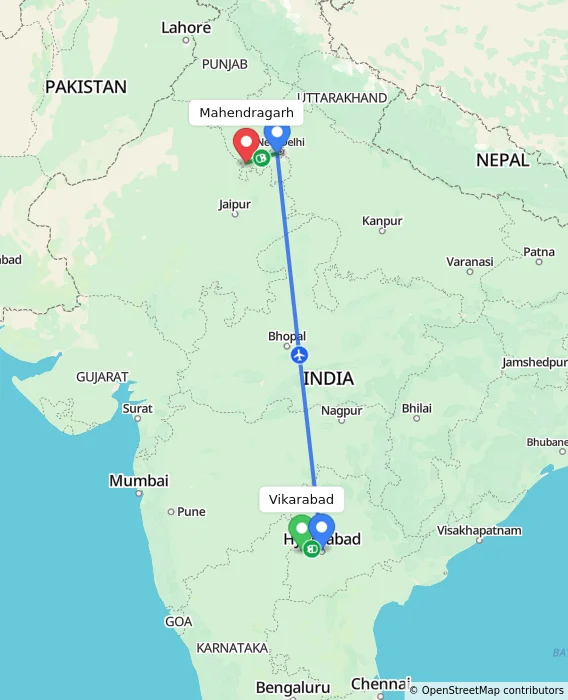 Route map showing distance and travel time from Vikarabad, India to Mahendragarh, India
