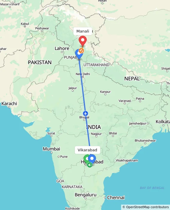 Route map showing distance and travel time from Vikarabad, India to Manali, India