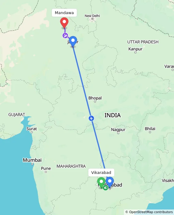 Route map showing distance and travel time from Vikarabad, India to Mandawa, India