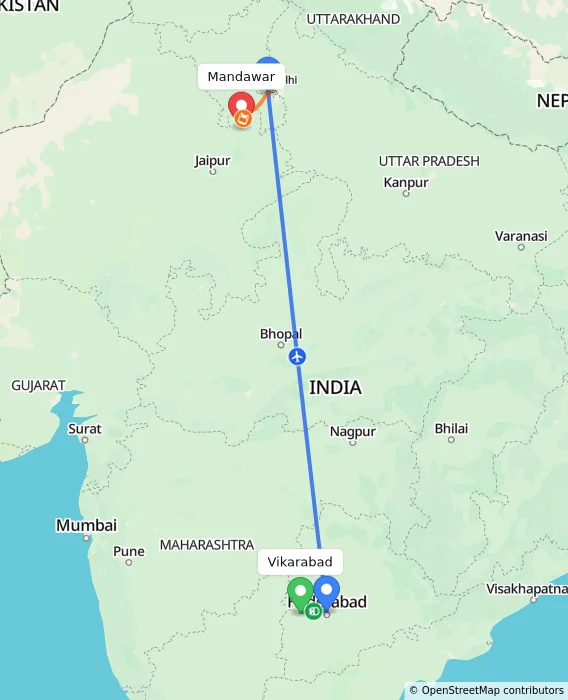 Route map showing distance and travel time from Vikarabad, India to Mandawar, India