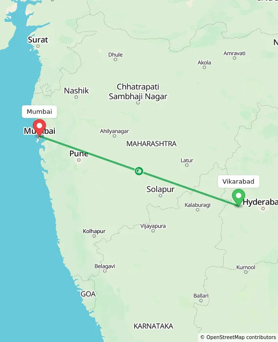 Route map showing distance and travel time from Vikarabad, India to Mumbai, India