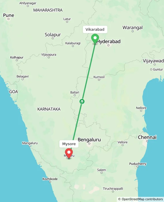 Route map showing distance and travel time from Vikarabad, India to Mysore, India