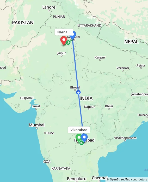 Route map showing distance and travel time from Vikarabad, India to Narnaul, India
