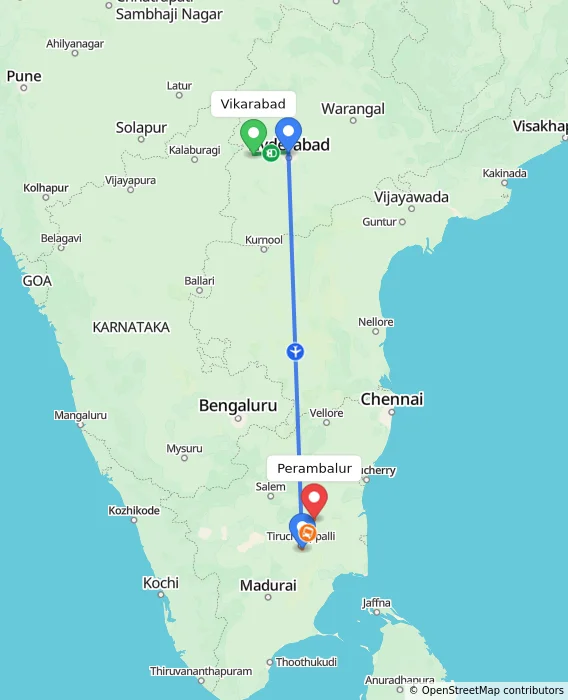 Route map showing distance and travel time from Vikarabad, India to Perambalur, India