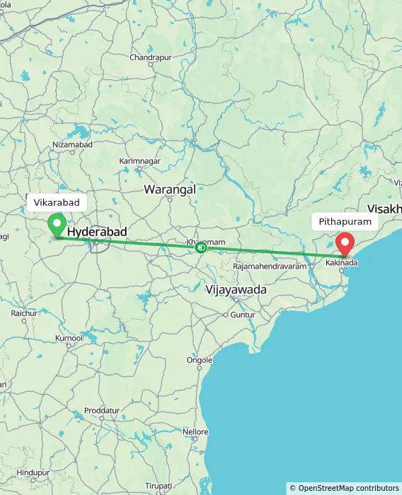 Route map showing distance and travel time from Vikarabad, India to Pithapuram, India