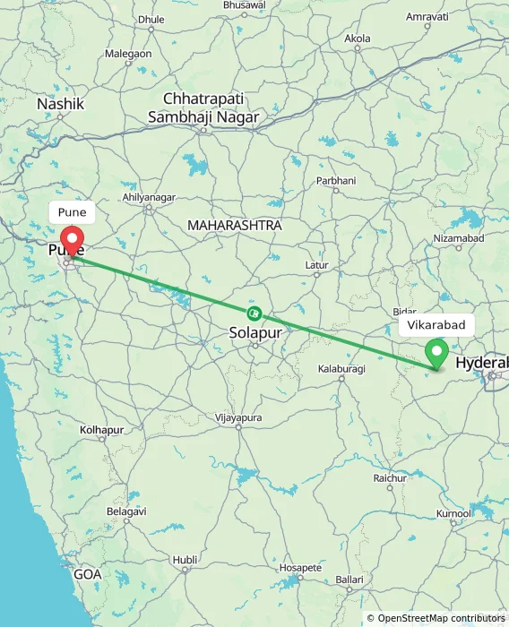 Route map showing distance and travel time from Vikarabad, India to Pune, India