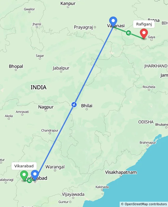 Route map showing distance and travel time from Vikarabad, India to Rafiganj, India