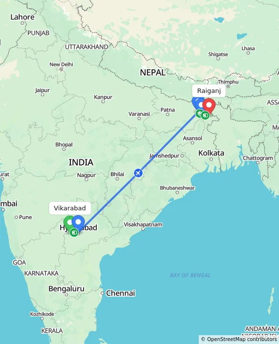 Route map showing distance and travel time from Vikarabad, India to Raiganj, India