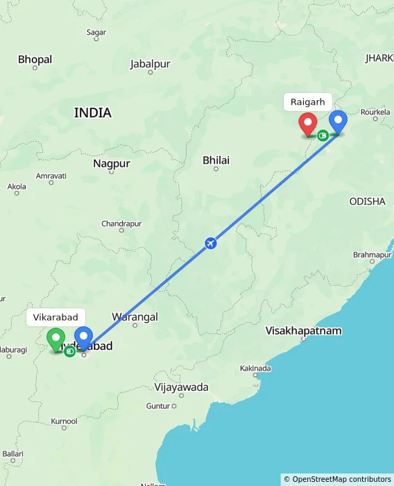 Route map showing distance and travel time from Vikarabad, India to Raigarh, India