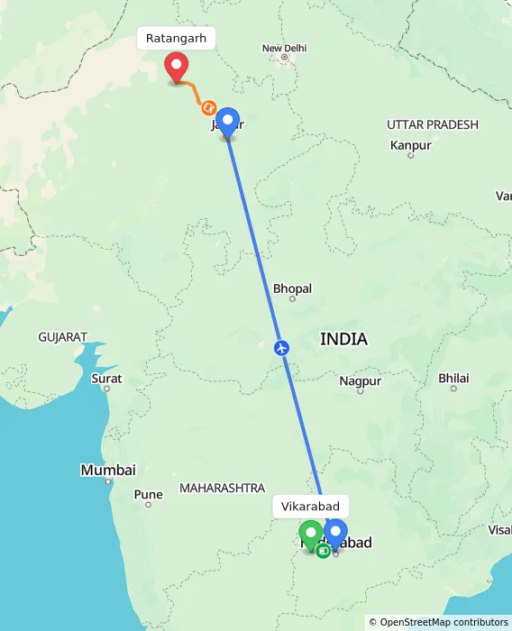Route map showing distance and travel time from Vikarabad, India to Ratangarh, India