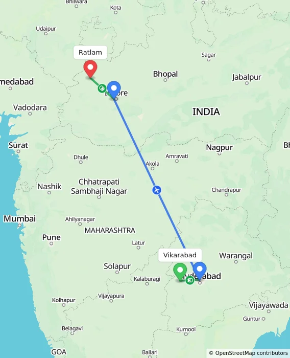 Route map showing distance and travel time from Vikarabad, India to Ratlam, India