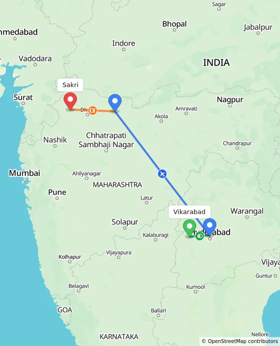 Route map showing distance and travel time from Vikarabad, India to Sakri, India