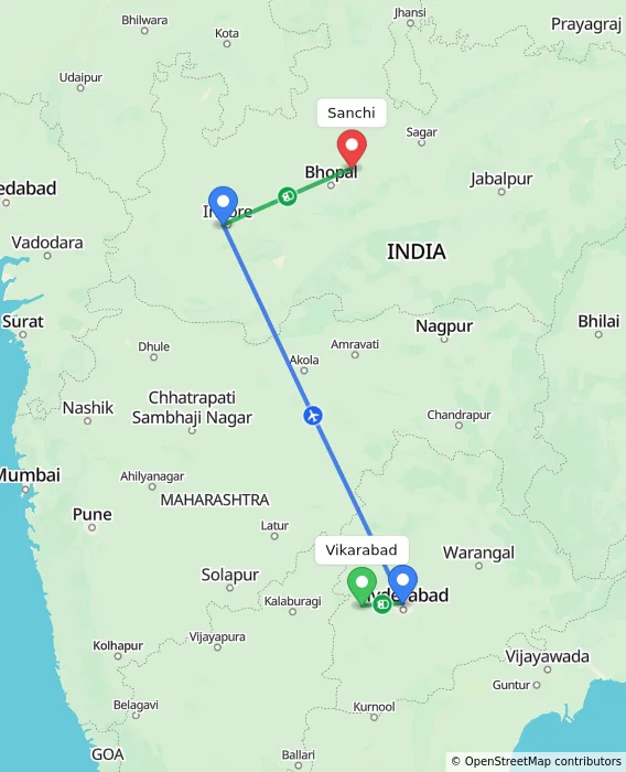 Route map showing distance and travel time from Vikarabad, India to Sanchi, India