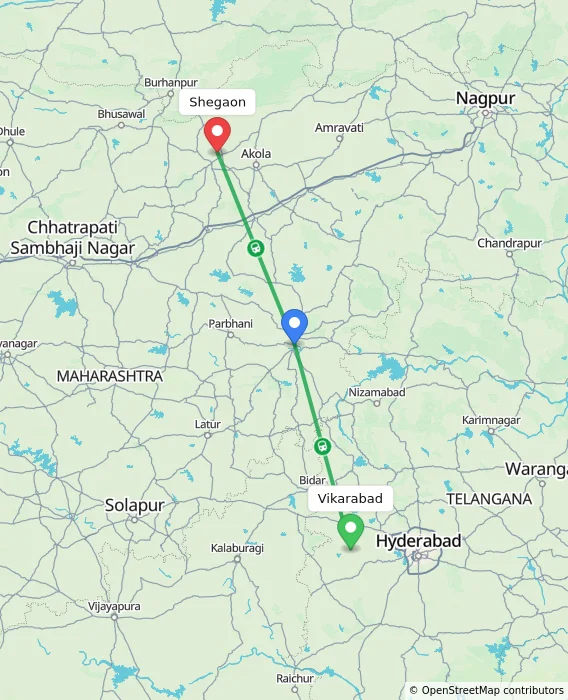Route map showing distance and travel time from Vikarabad, India to Shegaon, India
