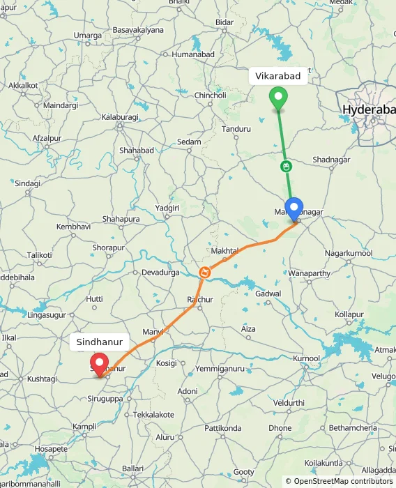 Route map showing distance and travel time from Vikarabad, India to Sindhanur, India