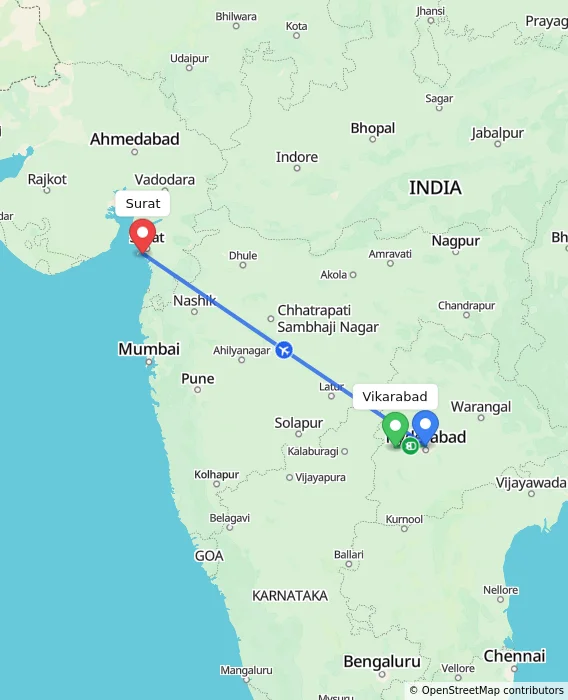 Route map showing distance and travel time from Vikarabad, India to Surat, India