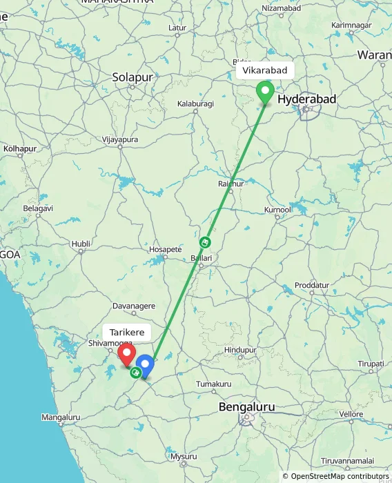 Route map showing distance and travel time from Vikarabad, India to Tarikere, India