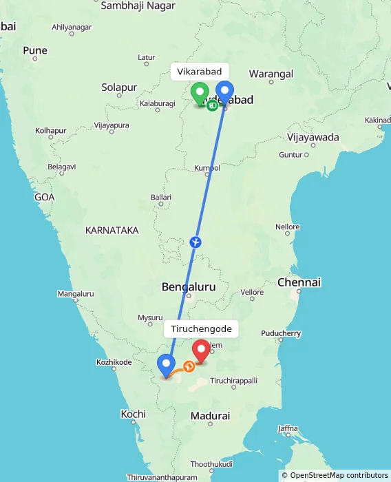 Route map showing distance and travel time from Vikarabad, India to Tiruchengode, India