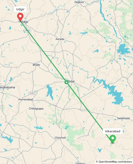 Route map showing distance and travel time from Vikarabad, India to Udgir, India