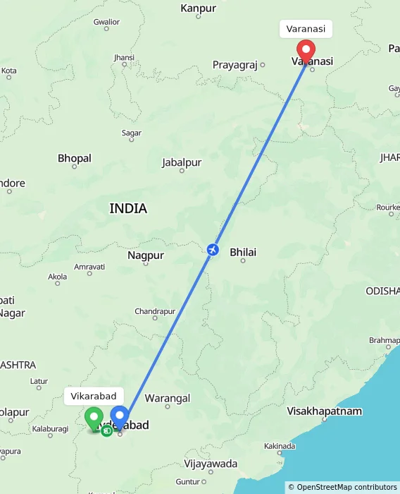Route map showing distance and travel time from Vikarabad, India to Varanasi, India