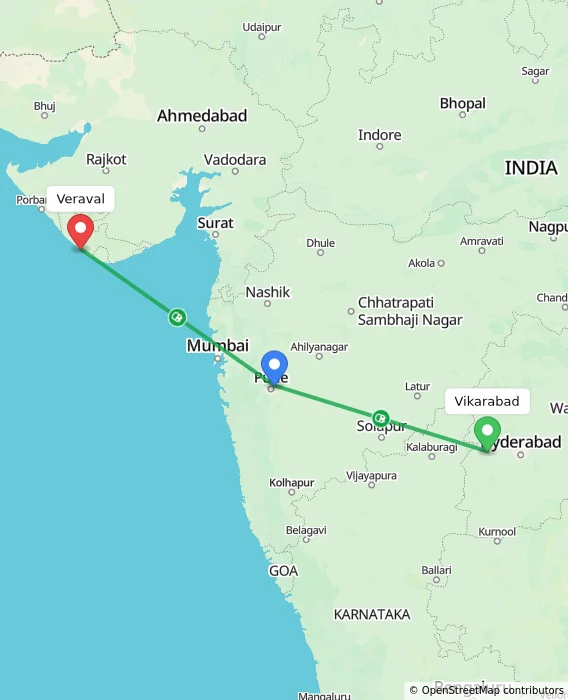 Route map showing distance and travel time from Vikarabad, India to Veraval, India