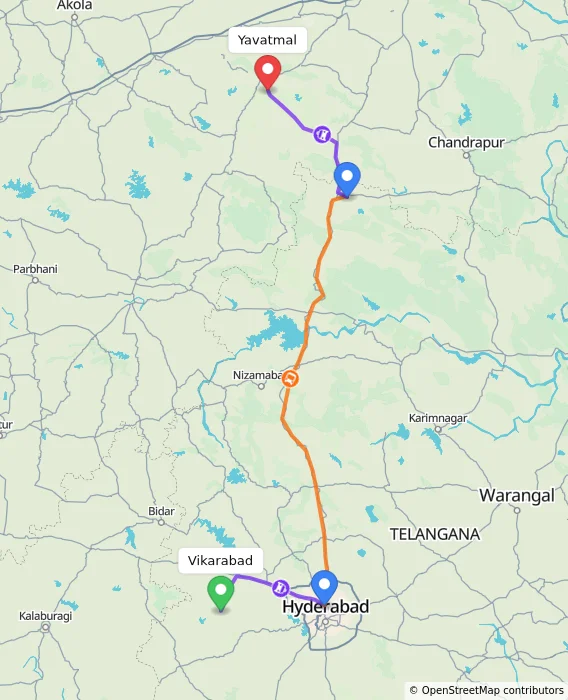 Route map showing distance and travel time from Vikarabad, India to Yavatmal, India
